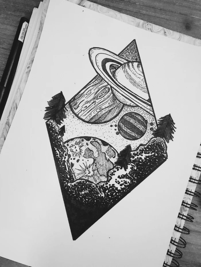 mountain landscape, planets over it, beginner drawing ideas, black pencil drawing on white background