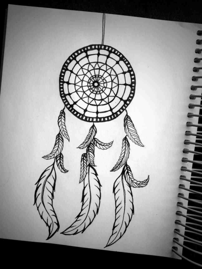 drawing of a dreamcatcher with feathers, black pencil drawing on white background, beginner drawing ideas