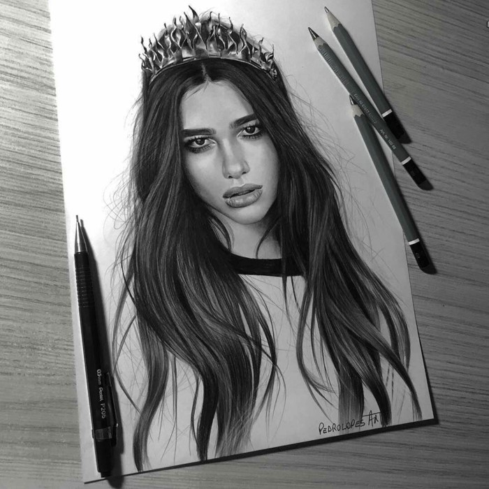  dua lipa, dessin de portrait réaliste, idées de dessin pour débutants, croquis au crayon noir sur fond blanc 