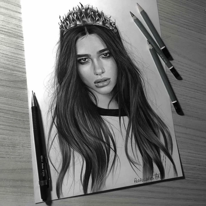 dua lipa, realistic portrait drawing, beginner drawing ideas, black pencil sketch on white background