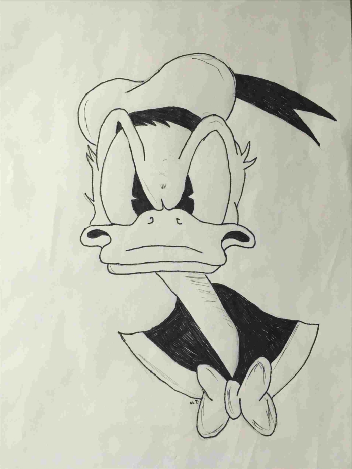 beginner drawing ideas, black pencil sketch on white background, drawing of donald duck