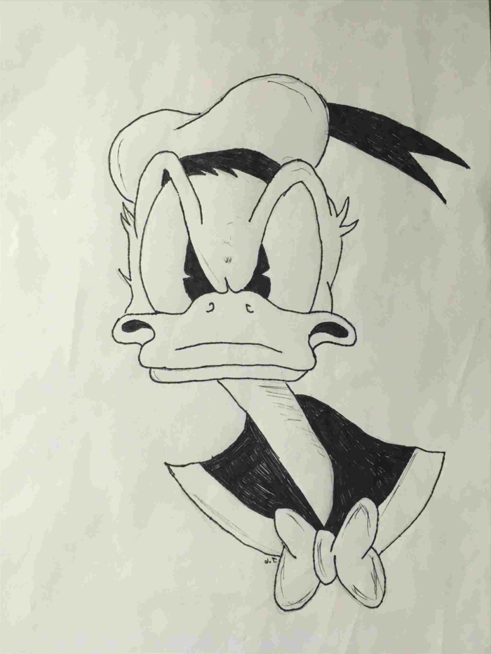 začátečník kreslení nápady, černá tužka skica na bílém pozadí, kresba donald duck