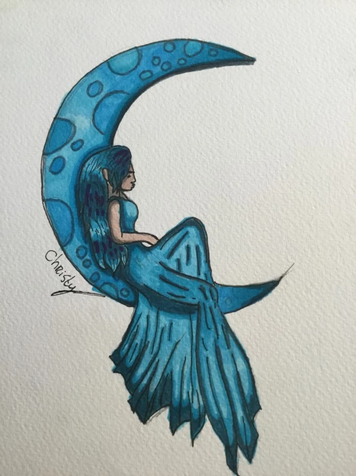 blue pencil drawing on white background, how to draw cute things, fairy sitting on a crescent moon