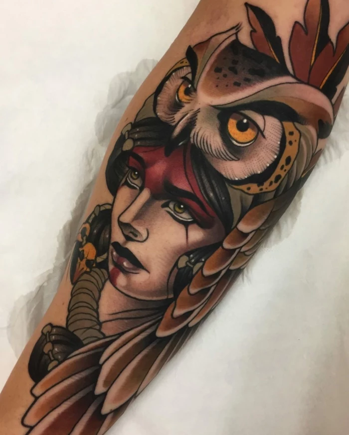 forearm tattoo, woman with black hair, owl on her head, traditional tattoo ideas, whie background