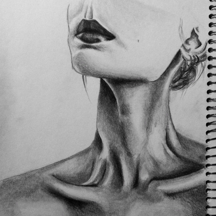  dessin d'un cou féminin avec de grandes clavicules, dessin au crayon noir sur fond blanc, comment dessiner des choses mignonnes