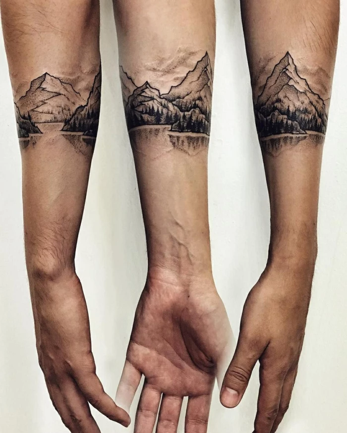 small mountain tattoo, forearm tattoo, lake surrounded by trees, mountain range, white background