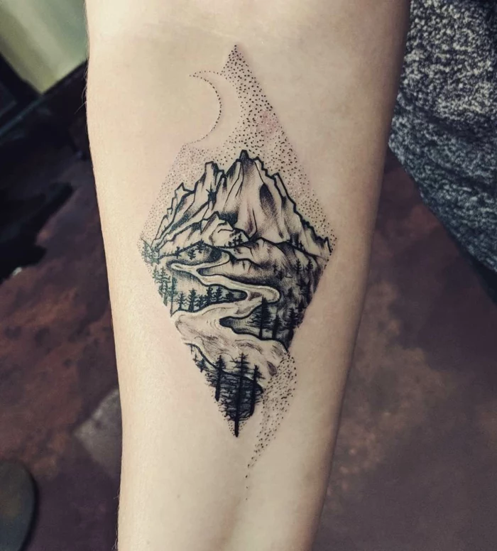 river flowing, surrounded by trees, forearm tattoo, small mountain tattoo, crescent moon above mountain