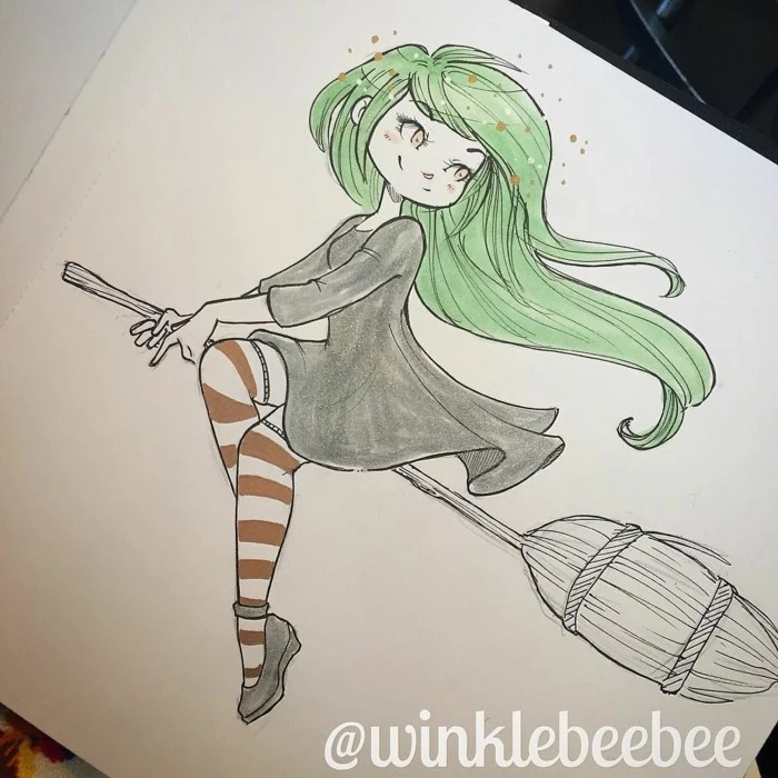 how to draw cute things, girl with gree hair riding a broomstick, wearing black dress and long stockings