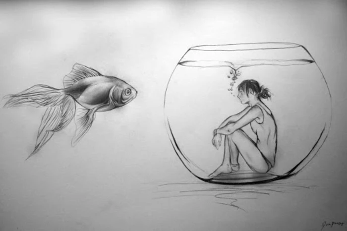 girl inside of a fish tank, fish next to it, how to draw cute things, black pencil drawing on white background