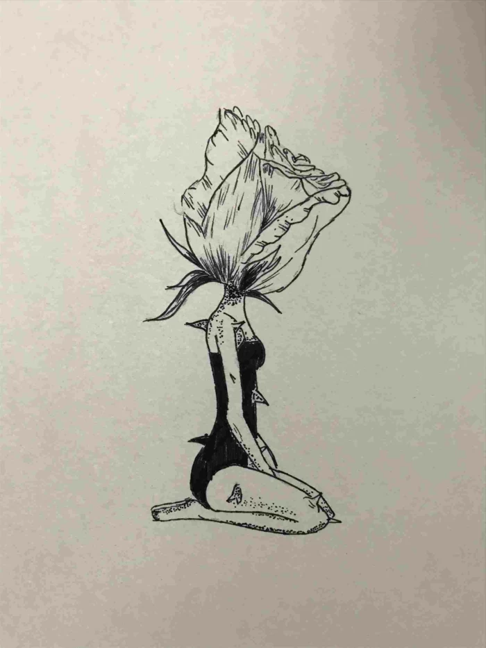 sketch drawing ideas, girl sitting down, rose for a head, black pencil drawing on white background, thorns on her body