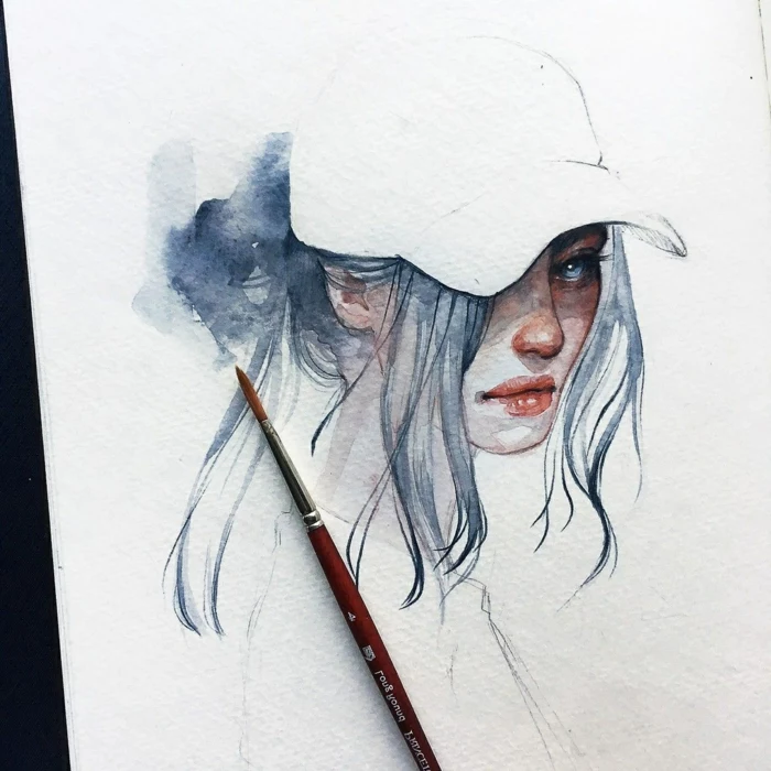 watercolor drawing, sketch drawing ideas, girl with blue hair and eyes, wearing a white cap