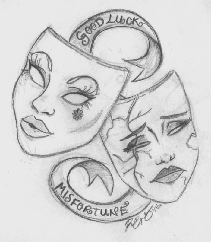 good luck and misfortune, written next to two female masks, sketch drawing ideas, black pencil sketch on white background