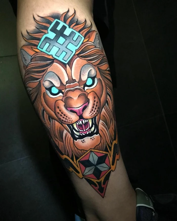 roaring lion head with blue eyes, neo traditional animal tattoo, leg tattoo, black background