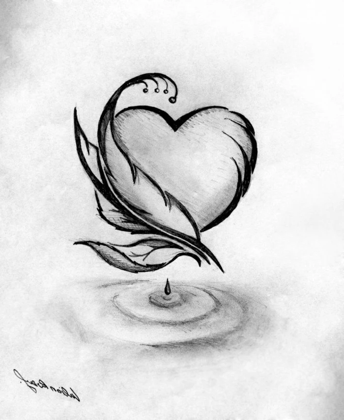 heart with feathers on the side, black pencil sketch on white background, how to draw easy