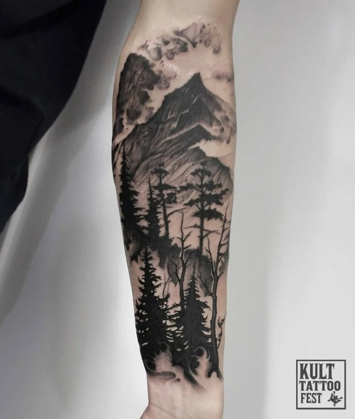 mountain range with fog and trees, hiking tattoos, forearm tattoo, white background
