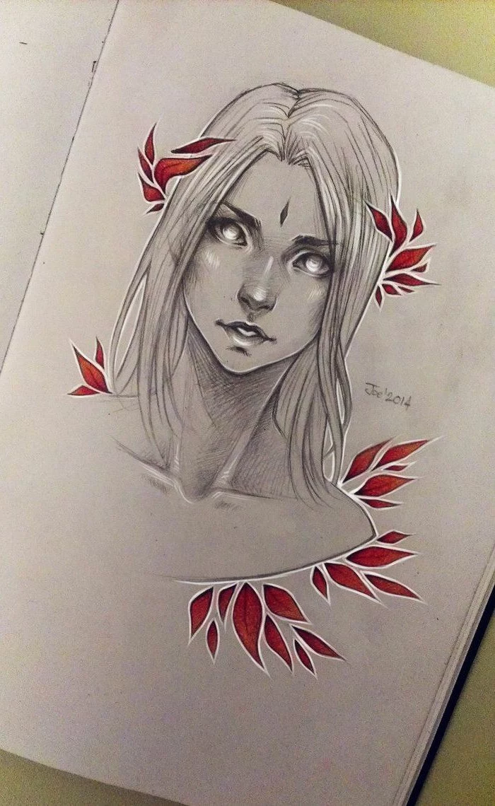 drawing of a woman with long hair, surrounded by red leaves, how to draw easy, black and red pencil sketch