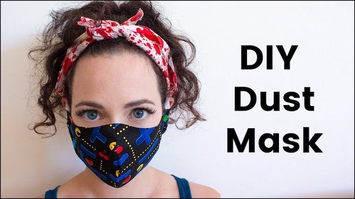 how to make a mask, diy dust mask, woman with blue eyes, wearing face mask with pacman print