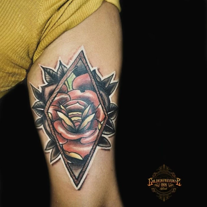 red rose inside the frame, black on the outside, neo traditional animal tattoo, inside arm tattoo
