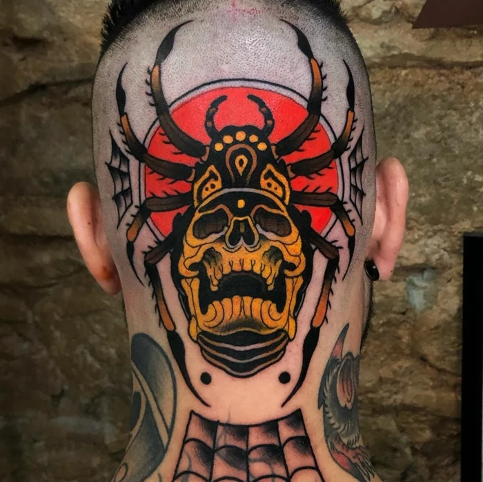 large spider and skull on red background, back of head tattoo, neo traditional rose tattoo, man with lots of tattoos