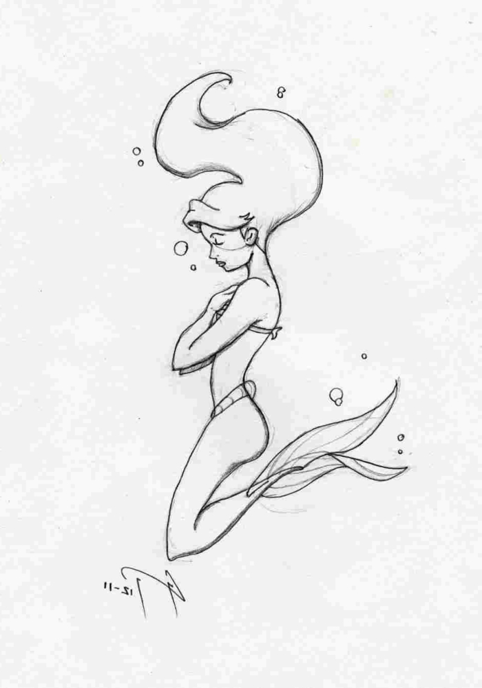 drawing of the little mermaid underwater, aesthetic things to draw, black pencil sketch on white background