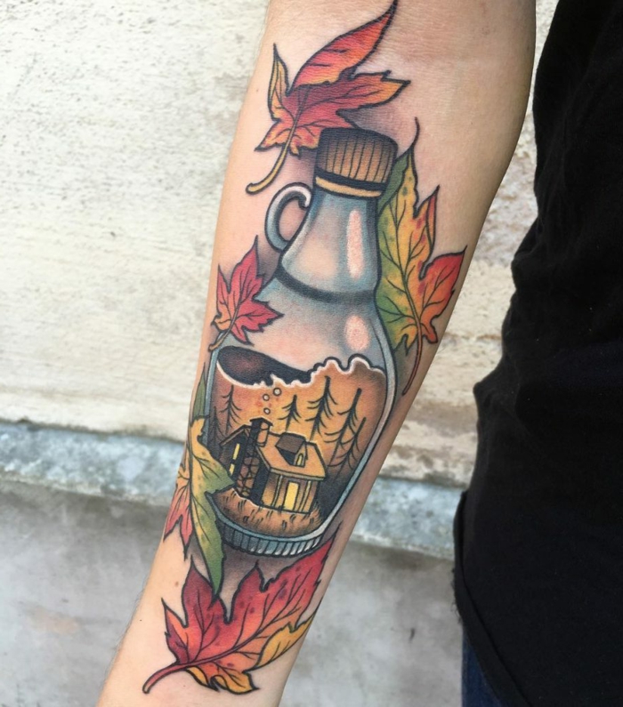 maple syrup bottle, surrounded by maple leaves, cabin inside the bottle, neo traditional rose tattoo
