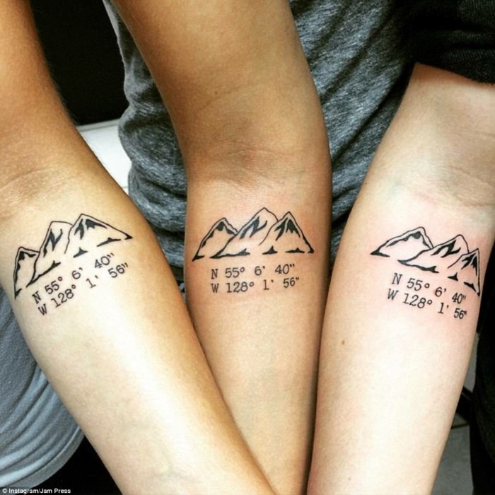 matching forearm tattoos, mountain tattoo sleeve, simple mountain range, coordinates written underneath