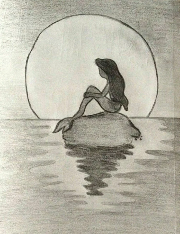 meramaid sitting on a rock, in the middle of the sea, black pencil sketch, aesthetic things to draw, large moon background