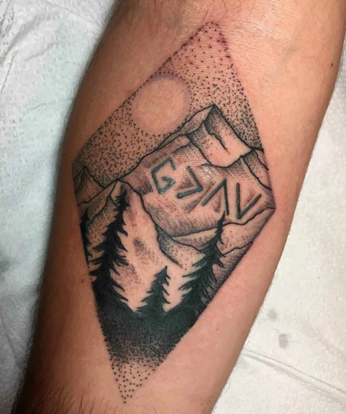 minimalist mountain tattoo, forearm tattoo, mountain range with tall trees, white background