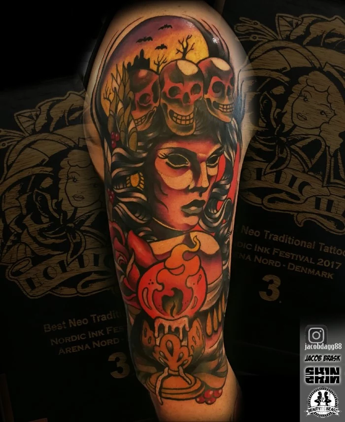 arm sleeve tattoo, neo traditional sleeve, woman with black hair, surrounded by skulls