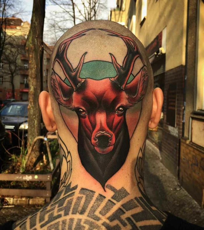 large stag head, back of head tattoo, neo traditional sleeve, man with lots of tattoos