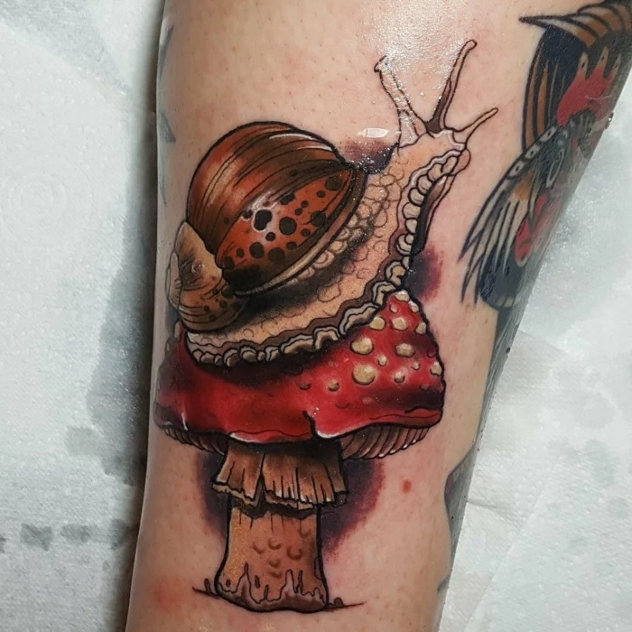snail on a mushroom, back of leg tattoo, neo traditional sleeve, white background