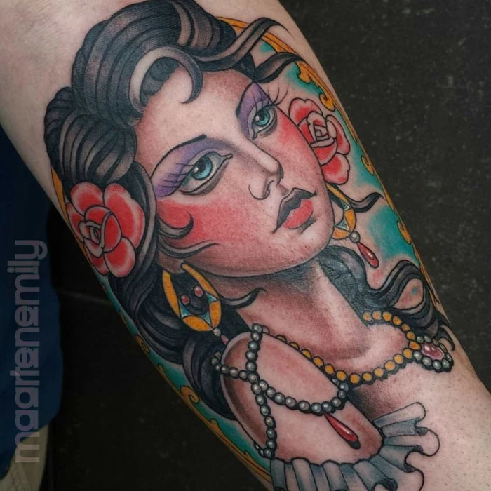 woman with black hair with red flower in it, neo traditional sleeve, gypsy woman, forearm tattoo