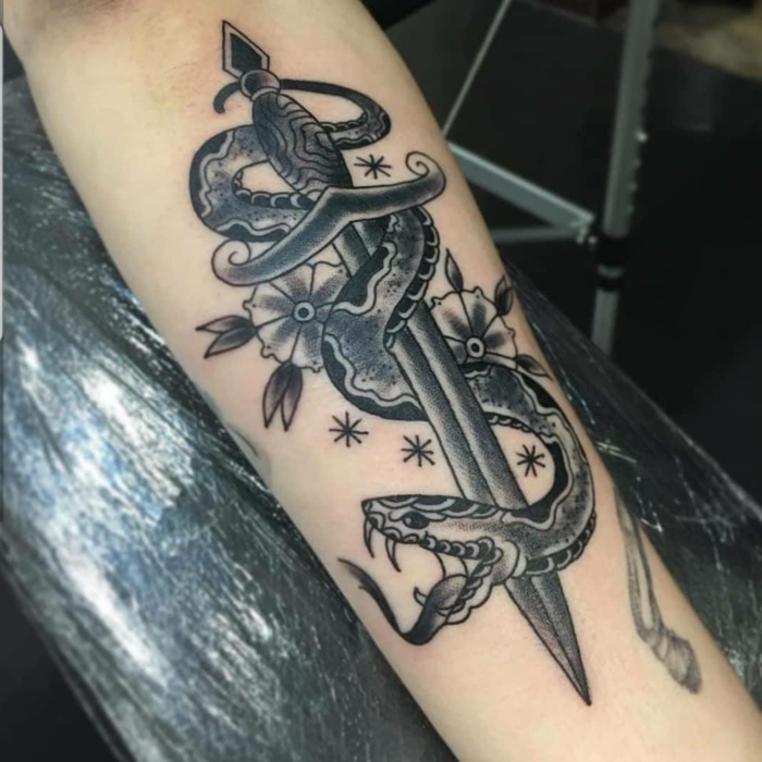 dagger with a snake wrapped around it, neo traditional tattoo sleeve, forearm tattoo