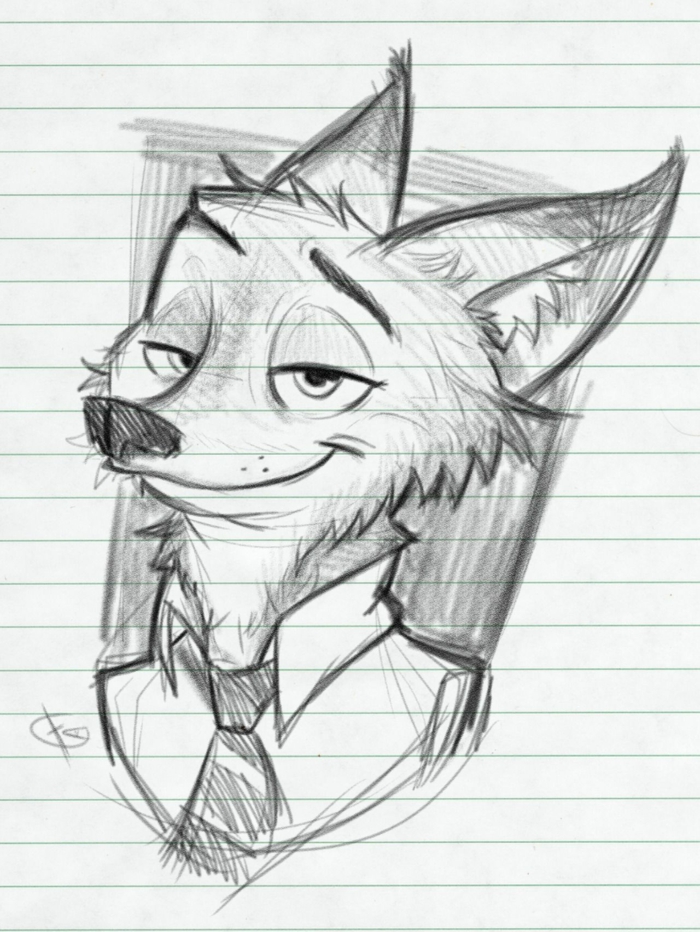 estetica cose per disegnare, nick wilde da zootopia, schizzo a matita nera su sfondo bianco