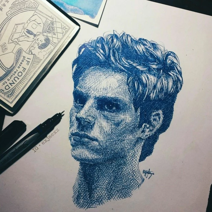 drawing of a man, made with blue and black pens, aesthetic things to draw, white background