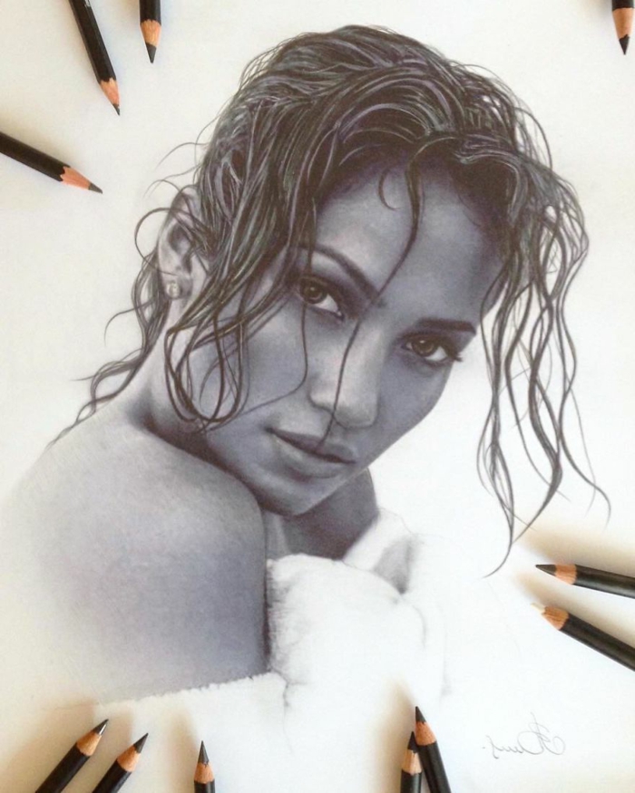 portret realist al lui jennifer lopez, lucruri ușoare de desenat pentru începători, schiță creion negru pe fundal alb