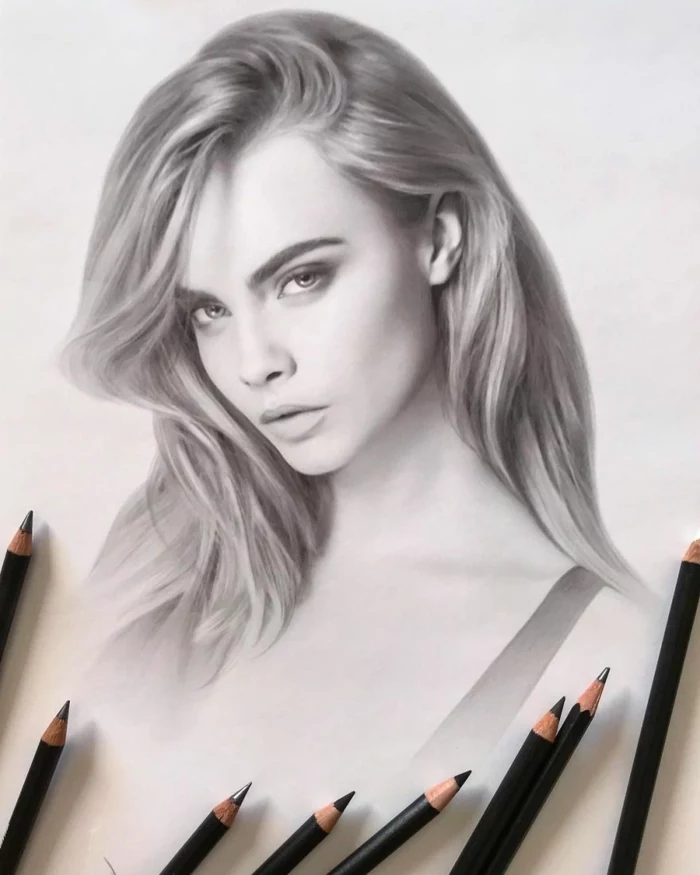 realistic portrait of cara delevingne, easy things to draw for beginners, black pencil sketch on white background