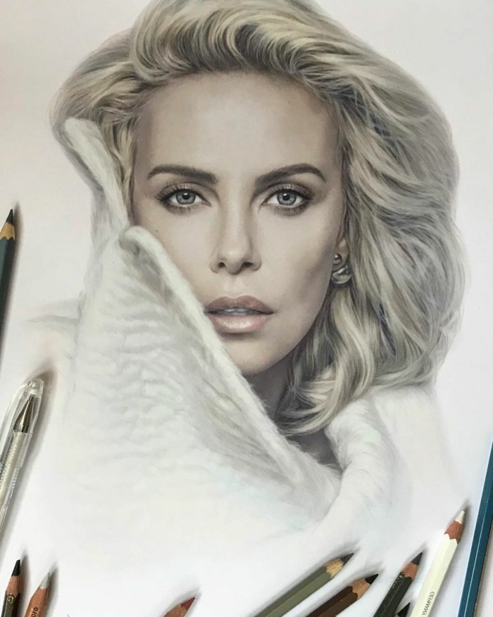 colorato schizzo a matita su sfondo bianco, realistico ritratto di charlize theron, le cose facili per disegnare per i principianti