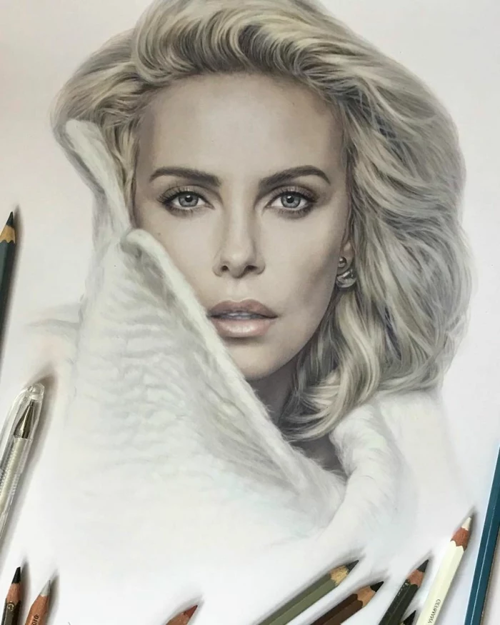 colored pencil sketch on white background, realistic portrait of charlize theron, easy things to draw for beginners