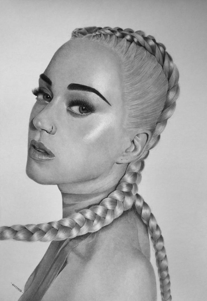  croquis au crayon noir sur fond blanc, choses faciles à dessiner pour les débutants, dessin réaliste de katy perry