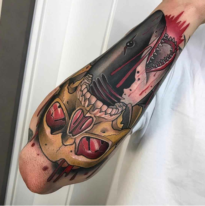 shark coming out of a skull, forearm tattoo, white background, neo traditional tattoo sleeve