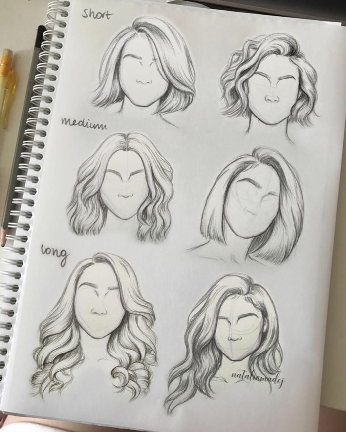 short meadium and long hair, both straight and curly or wavy, things to doodle, black pencil sketch on white background