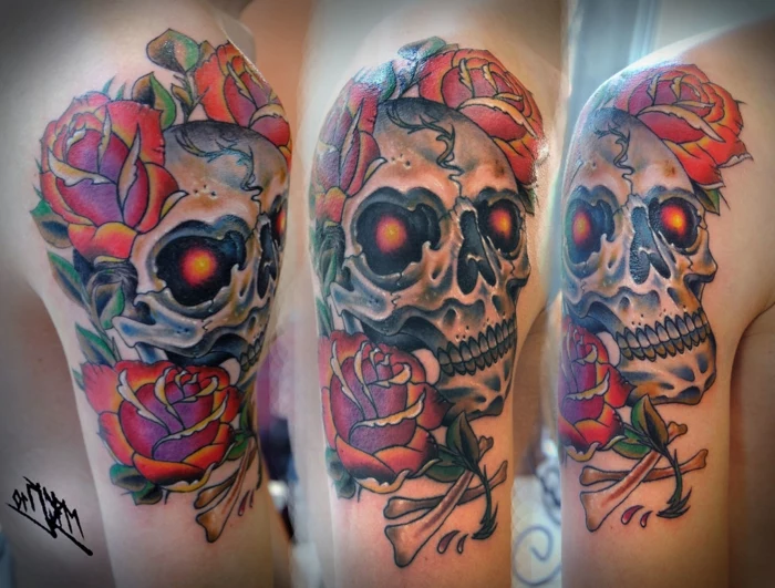 three side by side photos, neo traditional tattoo sleeve, skull surrounded by red roses, arm tattoo
