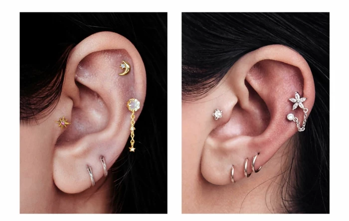 side by side photos, close up photos of ears, wearing different earrings, stud cartilage piercing, woman with black hair