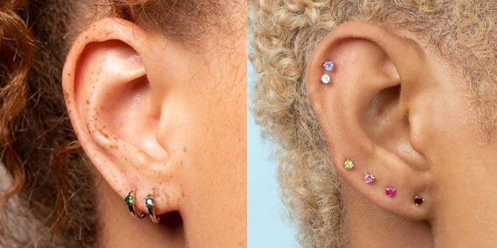 side by side photos, stud cartilage piercing, close up photos of ears, wearing different earrings with colorful rhinestones