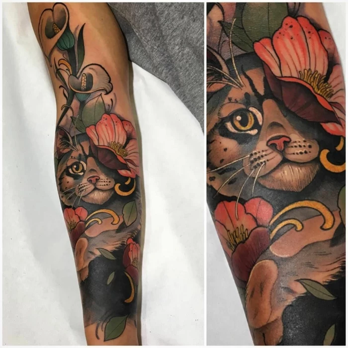 side by side photos, arm tattoo, neo traditional tattoo sleeve, cat surrounded by flowers