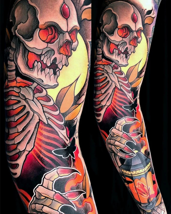 side by side hotos, arm sleeve tattoo, what is a neo traditional tattoo, skull holding a lantern