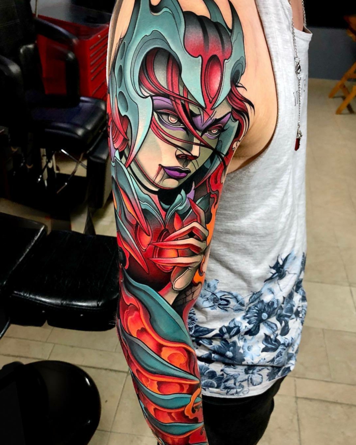 arm sleeve tattoo, traditional style tattoos, woman with red hair, robot like gear, illuminated by flames