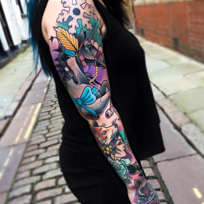 whole arm sleeve tattoo, traditional woman tattoo, black unicorn fox and woman, surrounded by flowers