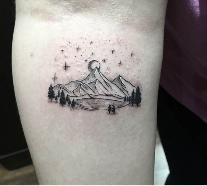 Lovely Tippy Mountains With Trees And Half Moon Tattoo On Forearm